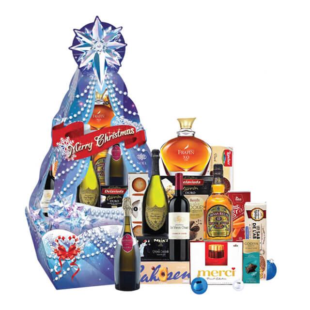Festive flower-themed Christmas hamper with wine, champagne, snacks and decorative packaging, perfect for gift delivery.