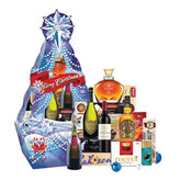 Festive flower-themed Christmas hamper with wine, champagne, snacks and decorative packaging, perfect for gift delivery.