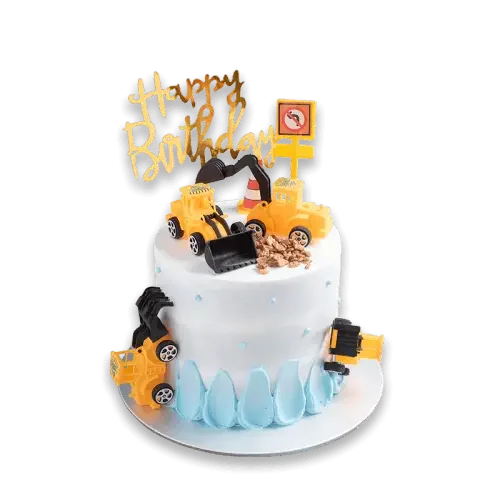 Construction-themed birthday cake with toy trucks and 'Happy Birthday' topper for flower delivery