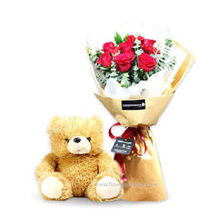 Red rose bouquet with teddy bear, ideal for online flower delivery in Singapore