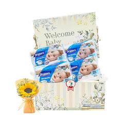 Newborn baby hamper with flowers and diapers, perfect for flower delivery in Singapore
