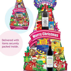 Christmas hamper with festive snacks, wine bottles, and holiday decorations for gift delivery