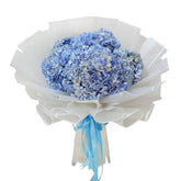 Elegant blue hydrangea bouquet with white wrapping for flower delivery in Singapore