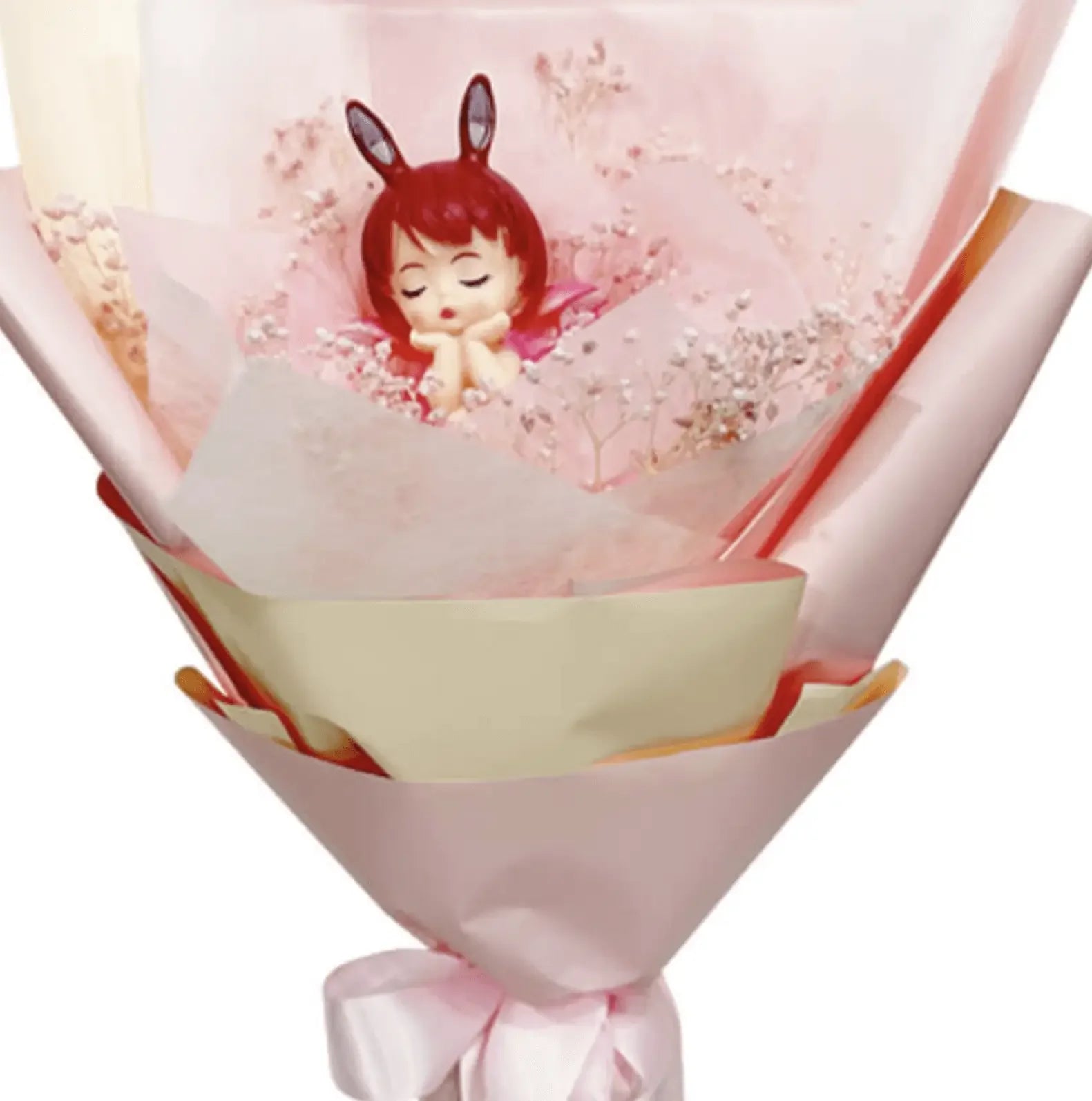 Pink bouquet with preserved flowers and an angel doll for flower delivery