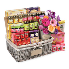 Flower delivery gift basket with fresh mixed bouquet and wellness hamper in Singapore