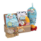 Gift hamper with plush baby items, food jars, and blue animal-themed blankets for delivery