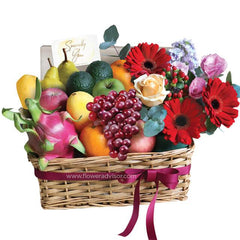 Fruit and flower hamper with fresh flowers and assorted fruits for flower delivery