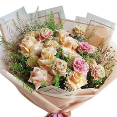 Elegant bouquet of pink carnations and cream roses, ideal for Singapore flower delivery