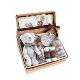 Elegant baby gift set with plush bear, baby clothes, socks and feeding bottle for flower delivery