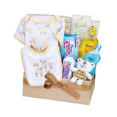 Baby gift hamper with clothes, plush toy, baby care items, perfect for flower delivery gifts