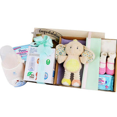 Newborn gift hamper with plush elephant, baby essentials, and a congratulatory ribbon for flower delivery in Singapore
