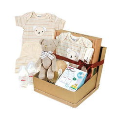 Baby hamper with teddy bear, striped baby clothes, bottles, and newborn essentials for gift delivery