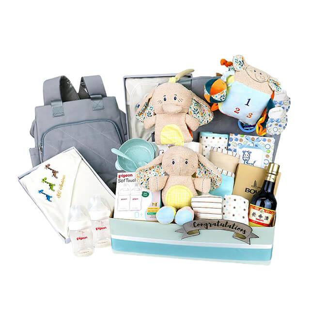 Baby gift hamper with soft toys, baby bottles, diaper bag, ideal for flower delivery Singapore