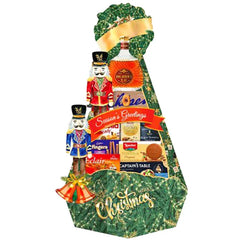 Christmas hamper with brandy, snacks, and holiday decor, ideal for festive flower delivery gifts