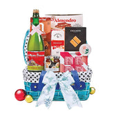 Festive gift hamper with gourmet treats and sparkling juice, ideal for flower delivery gifts