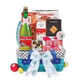Festive gift hamper with gourmet treats and sparkling juice, ideal for flower delivery gifts