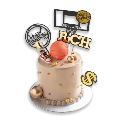 Basketball-themed birthday cake with 'RICH' topper, perfect for same-day delivery with flowers