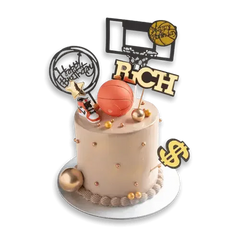 Basketball-themed birthday cake with 'RICH' topper, perfect for same-day delivery with flowers