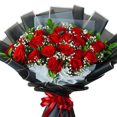 Red rose bouquet with baby's breath, elegant black wrapping, ideal for Singapore flower delivery