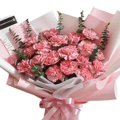 Hand bouquet of fresh pink carnations with greenery, ideal for flower delivery in Singapore
