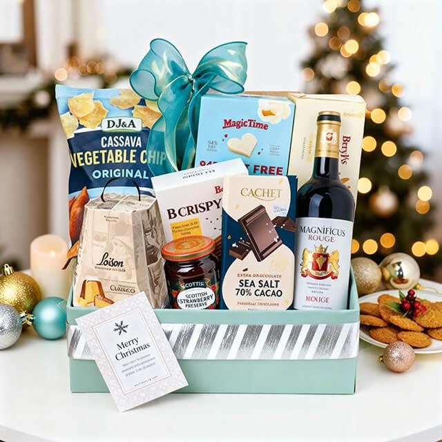 Festive gift hamper with wine, snacks, and treats, ideal for flower delivery gifting