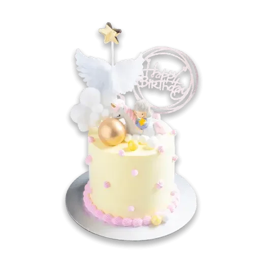 Birthday cake with unicorn topper, pink accents, and 'Happy Birthday' sign for same-day delivery
