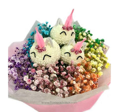 Unicorn themed flower bouquet with colorful baby's breath, available for flower delivery