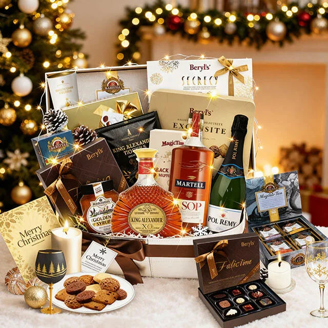 Festive flower delivery hamper with wine, chocolates, cookies, and Christmas decor
