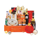 Luxury flower delivery hamper with cookies, tea, jam, and wine, perfect for gifting