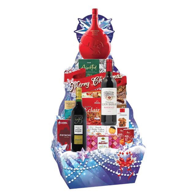 Festive Christmas hamper with wine, snacks, and chocolates for gift and flower delivery
