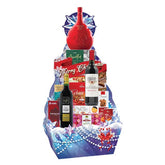 Festive Christmas hamper with wine, snacks, and chocolates for gift and flower delivery