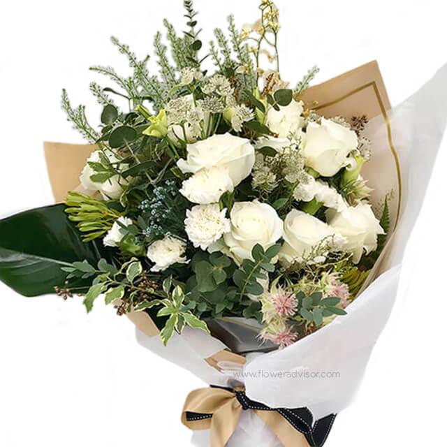 Elegant white rose and greenery bouquet for flower delivery, perfect for all occasions