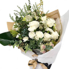 Elegant white rose and greenery bouquet for flower delivery, perfect for all occasions