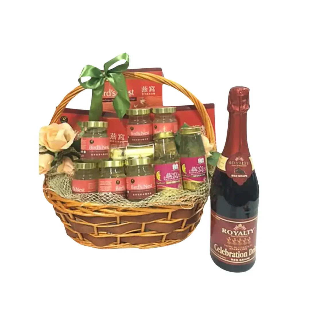 Gift hamper with bird's nest jars, floral accents, and sparkling drink for flower delivery