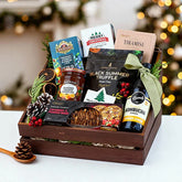 Festive holiday gift hamper with gourmet snacks, perfect for flower bouquet delivery gifts