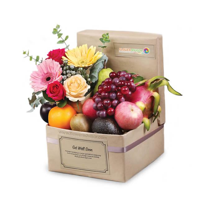 Flower delivery box with fresh mixed flowers and assorted fruits arrangement for gifting