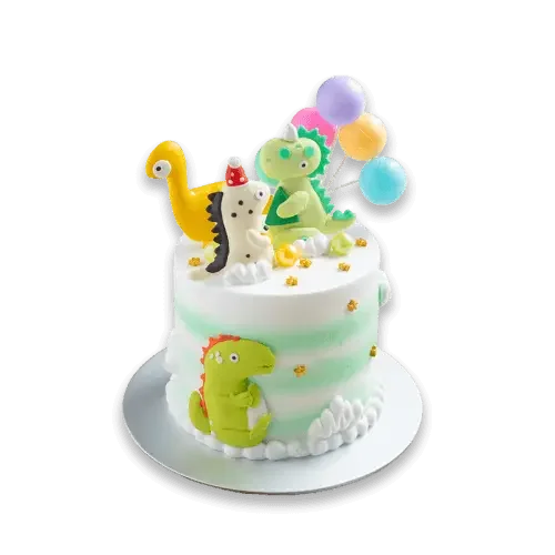 Dinosaur-themed birthday cake with colorful balloons, perfect for kids' celebrations and flower delivery gifts