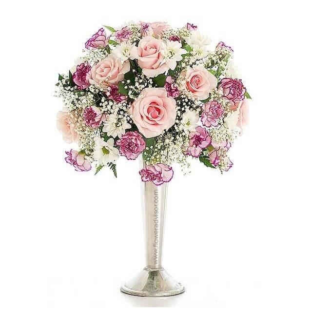 Pink roses and carnations in a vase, fresh flower arrangement for delivery in Singapore