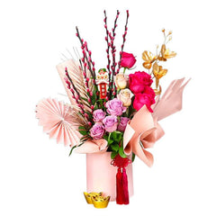 Chinese New Year flower bouquet with pink roses and pussy willow for flower delivery