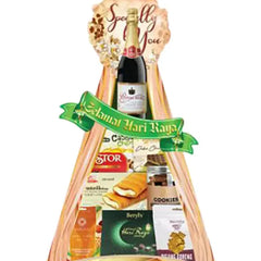 Festive gift hamper with sparkling juice and snacks, ideal for Hari Raya flower delivery