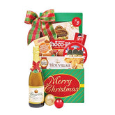 Christmas gift hamper with Royal Select sparkling juice, festive snacks and ribbon, ideal for flower delivery