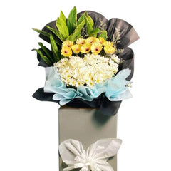 Elegant bouquet with yellow gerberas and white chrysanthemums for flower delivery