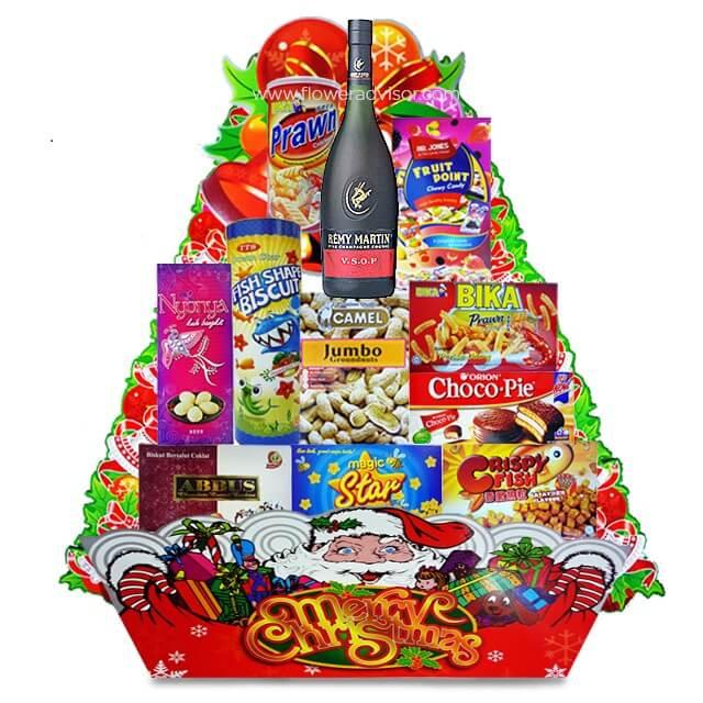 Christmas festive hamper with snacks, biscuits, and wine, ideal for Singapore flower delivery