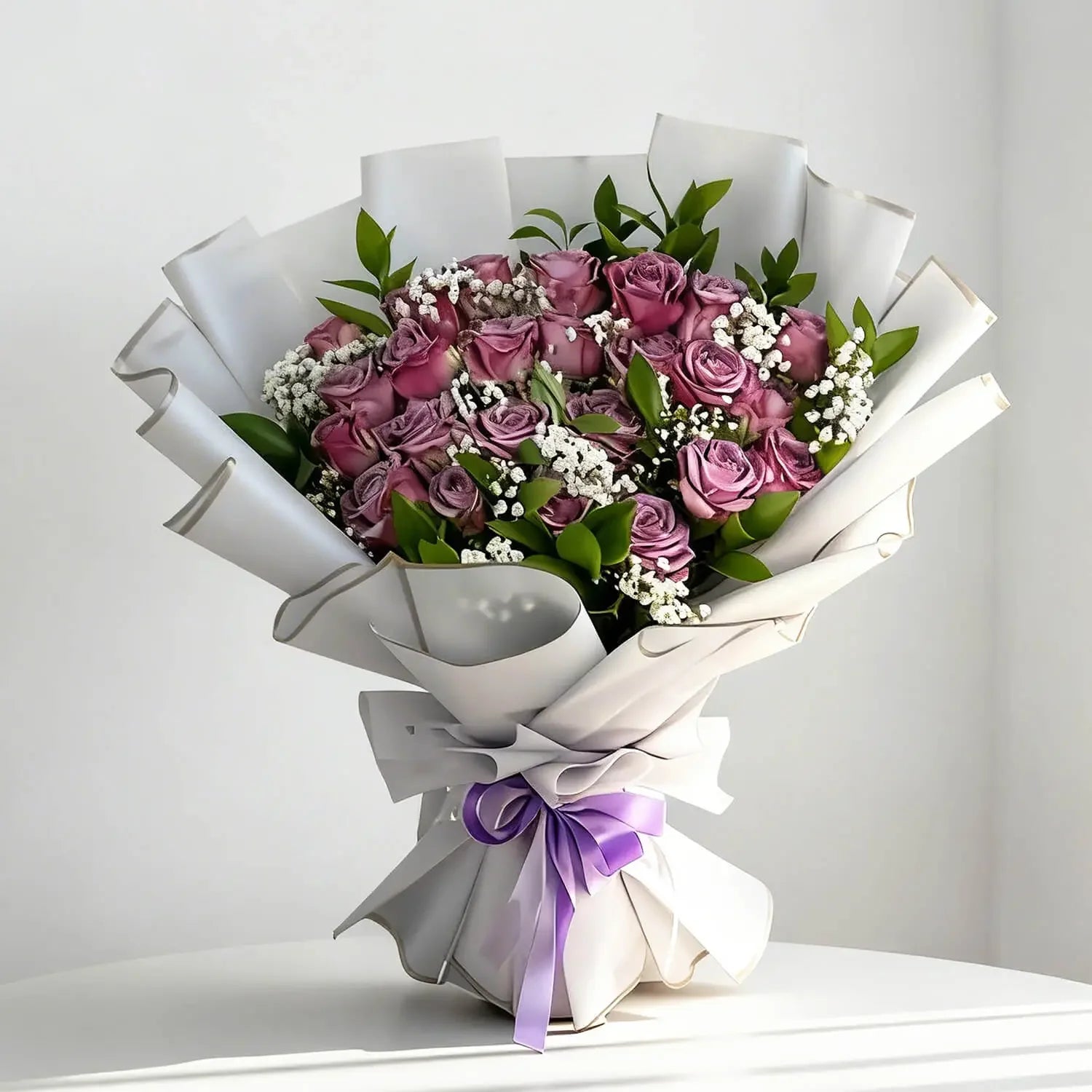 Lavender rose bouquet with baby's breath in white wrapping, ideal for flower delivery gift