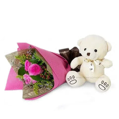Pink rose bouquet with greenery and white teddy bear, flower delivery gift set