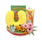 Flower delivery gift basket with bright flowers, plush toy, blanket, and activity book