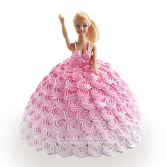 Pink rose-themed cake with Barbie doll for flower delivery celebrations