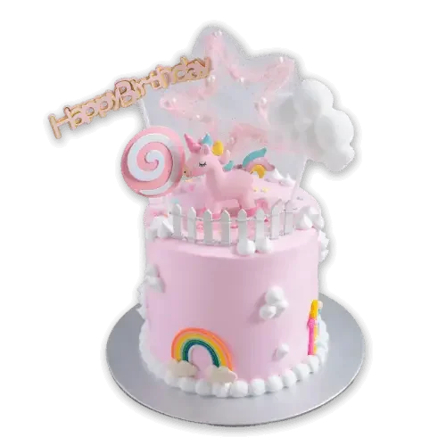 Pink unicorn birthday cake with rainbow, clouds, and lollipop for same-day delivery