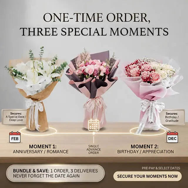 Three elegant flower bouquets for anniversaries, birthdays, and special moments with same-day delivery