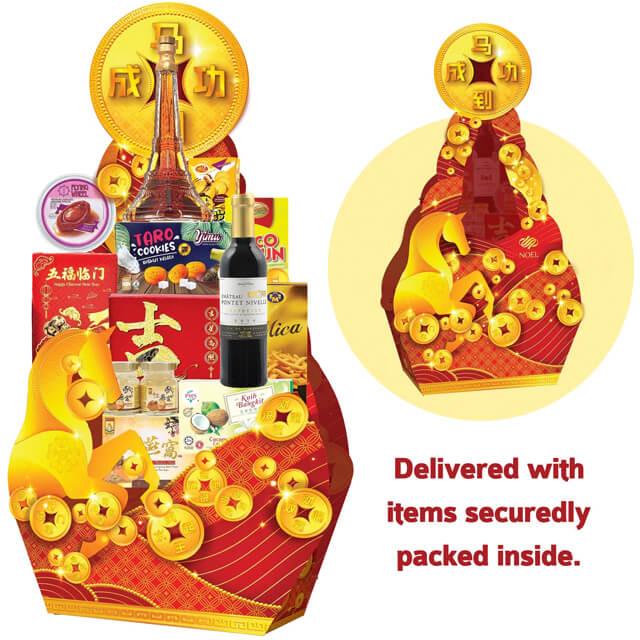 Chinese New Year hamper with festive food, drinks, luxury packaging for gift delivery